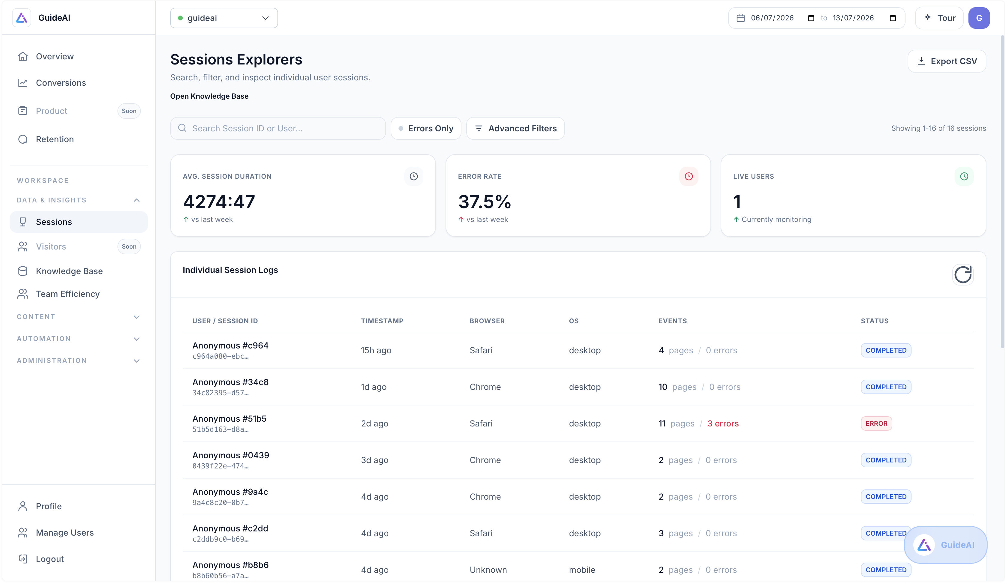 3Guide visitors explorer with sessions, sources, and device breakdowns